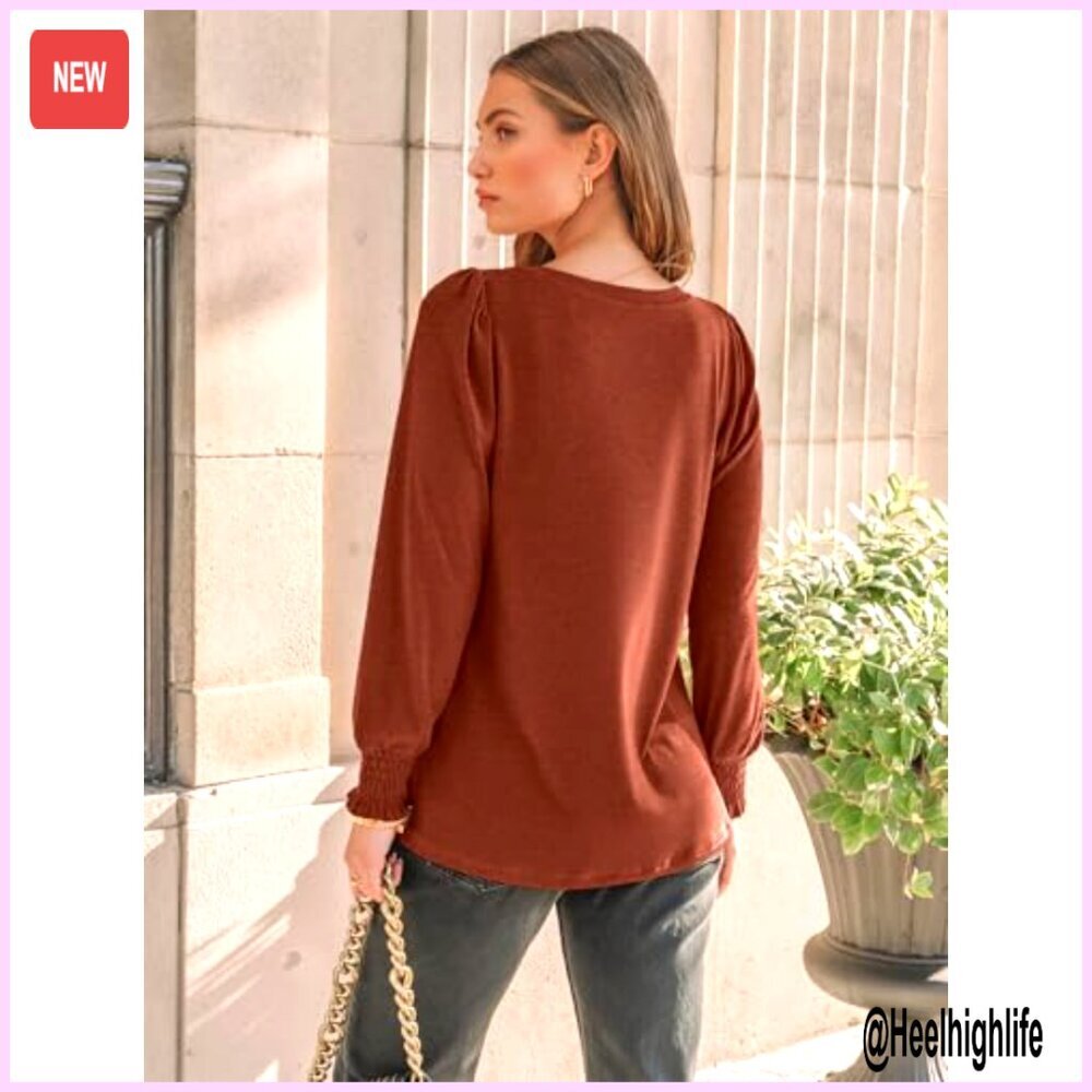 Long Sleeve Pleated Blouse Smocked Cuffs Business Casual Top - Picture 4 of 7